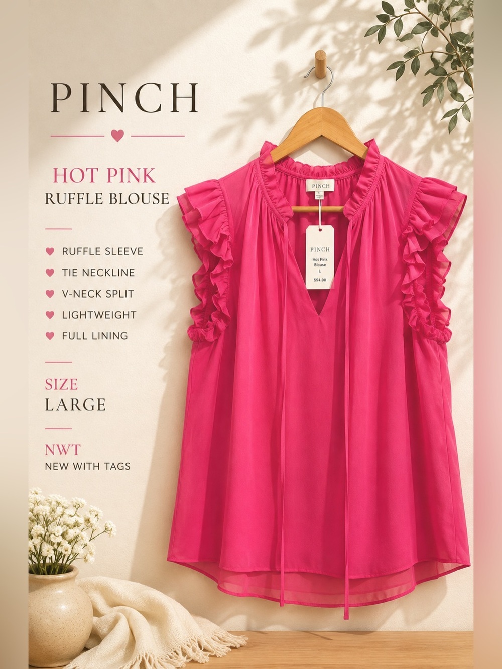 PINCH Hot Pink Ruffle Sleeve Blouse Size Large